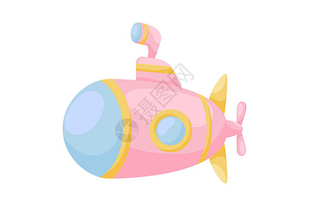 有潜望镜的可爱的桃红色潜水艇在白色背景 儿童卡的卡通运输婴儿送礼会生日邀请屋内部 明亮的彩色幼稚矢量插图水下 su图片