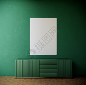 绿色墙 现代室内室内房间 3D背景的空白图画框架模拟在绿墙上图片