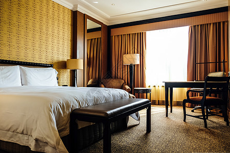 五星酒店房间豪华卧室家具枕头奢华旅游汽车假期床头柜旅行套房财富背景