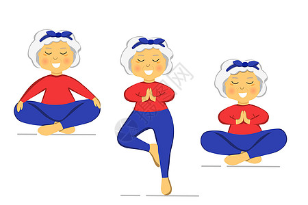 运动型奶奶做瑜伽 老人 矢量彩色卡通插画 姿势瑜伽的资深妇女 锻炼身体更健康 孤立的平面图像 奶奶 祖母字符集图片