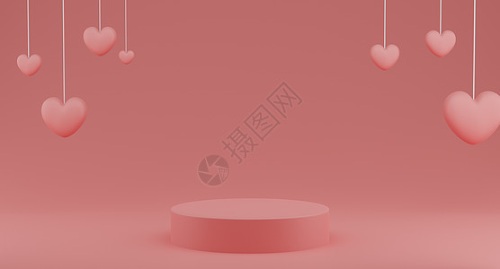 情人节心形气球与粉红色背景上的圆形基座  3D渲染图片