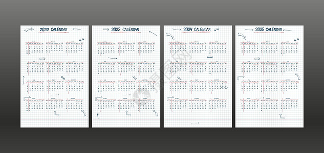2022 2023 2024 2025 日历周计划和待办事项列表 手绘字体类型文本和元素学校笔记样式方格笔记本表与线条箭头和框架背景图片