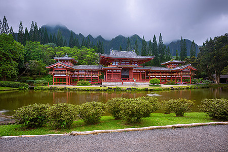 美丽的拜约多仁寺 与夏威夷奥胡神庙谷的Koolau山图片