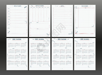 一套 2022 2023 2024 2025 日历周计划和待办事项列表 手绘字体类型文本和元素学校笔记样式方格笔记本表与线条箭头背景图片