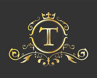 拉丁字母表的金色程式化字母 T 带有装饰品和皇冠的会标模板 用于设计 ials 名片徽标标志和 heraldr图片