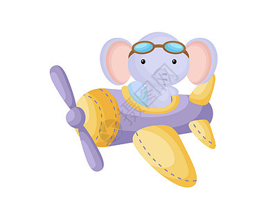 小象戴着飞行员护目镜驾驶飞机 有趣的婴儿角色在飞机上飞行贺卡婴儿淋浴生日邀请室内 孤立的向量它制作图案图片