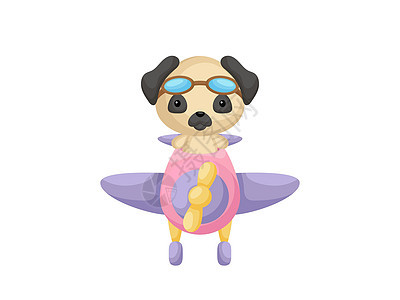 戴着飞行员护目镜驾驶飞机的小哈巴狗 有趣的婴儿角色在飞机上飞行贺卡婴儿淋浴生日邀请室内 孤立的向量它制作图案图片
