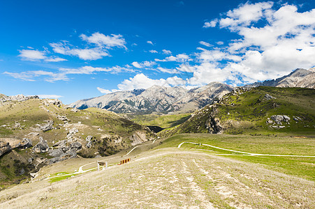 新西兰的山丘高地城堡地区高山旅行滚动草地晴天天空路线远足曲线草原图片