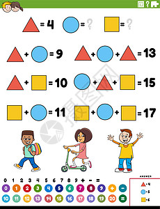 具有儿童性格的数学加法教育任务方程卡通片孩子们逻辑学习测试计算绘画游戏解决方案图片