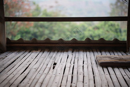竹地板和有自然背景的坐垫软垫房子竹子休息地面图片