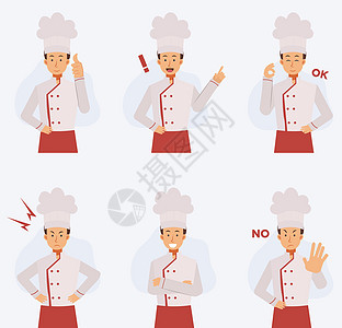 半身男厨师矢量字符集与各种动作卡通风格平面矢量图图片