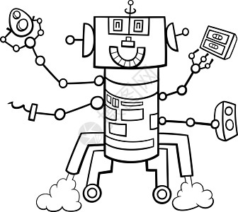卡通机器人奇幻人物着色书页金属插图小说白色机械童话科幻黑色机器人工智能图片