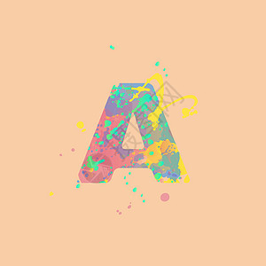字母 A 与桃背景上的粉色黄色蓝色绿松石油漆的多色混合斑点图片