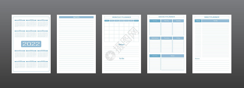 2022 年日历每日每周每月个人计划日记模板采用严格的极简都市风格灰蓝色 个人时间表 星期从星期日开始图片