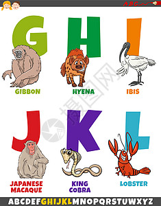 带有漫画动物角色的卡通字母表龙虾英语长臂猿学习教育词典字体收藏王蛇幼儿园图片