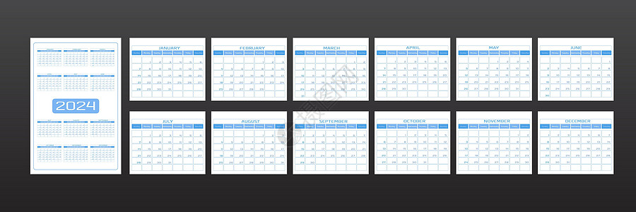 日历背景2024 年日历采用简约的都市时尚风格 一套 12 个月模板每日计划者每天的待办事项列表 圆形流线型精致浅蓝色 一周从星期天开始设计图片