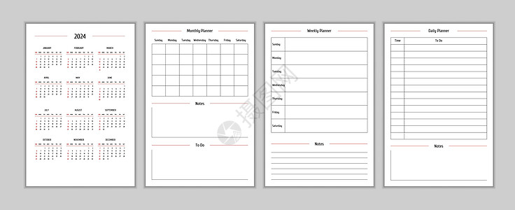 经典严格风格的 2024 年日历和每日每周每月个人计划日记模板 笔记本月历个人日程极简主义内敛设计 星期从周日开始网格规划师图片