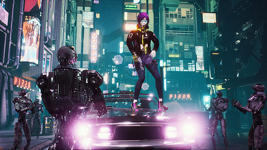 在夜城的街道上 一个女孩在一辆被机器人包围的未来派汽车里跳嘻哈舞 虚构城市的视图  3D 渲染图片