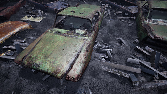旧废弃汽车的汽车倾倒场 生锈的损坏的汽车 很多被毁坏 毁坏 废弃的汽车 3D 渲染车辆垃圾运输事故金属碎片倾倒大灯古董车轮图片