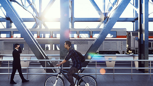 人们在阳光明媚的清晨穿过铁路桥 乘火车经过3D路口金属乘客交通过境地标天空机车商业建筑旅行图片