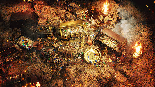 在黑暗洞穴中盗取宝藏 旧硬币 钻石和黄金宝藏 许多由金雕像 宝石 手镯和箱子制成的珠宝 3D 渲染货币冒险财富金子海盗帆船历史宏图片