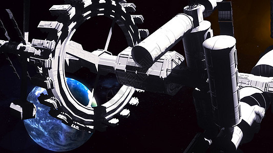 空间站飞越蓝色地球3D层的飞行宇宙卫星环绕轨道天文学天线星星联盟飞船科学图片