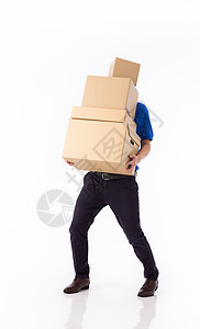 身穿蓝色制服的亚洲青年送货员 白背景被孤立的手持carry纸板盒货物工作工人邮政服务商业盒子邮件送货运输图片