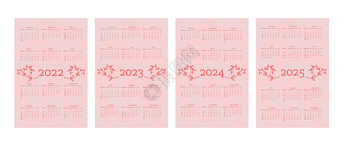 2022 2023 2024 2025 日历采用精致的自然时尚风格 装饰有植物花卉手绘枝叶 垂直格式 淡淡的粉红色粉红色 一周从图片