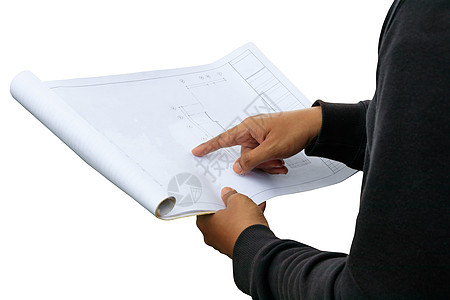 工程师手指点在纸质计划蓝图上 检查建筑技术人员在白色背景和剪裁路径上隔离的建筑工地建设者男人经理员工项目承包商老板检查员工匠工人图片