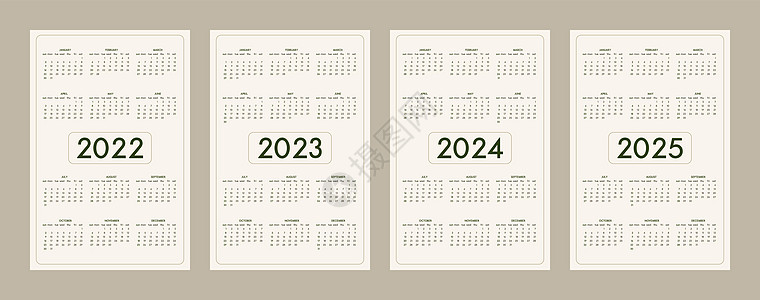 2022 2023 2024 2025 日历模板设置在简约时尚生态风格淡米色橄榄自然调色板中 星期从周日开始背景图片