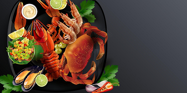 地中海海鲜螃蟹 龙虾 虾和贻贝配沙拉盘子烹饪维生素胡椒美食食物香菜厨房柠檬服务图片