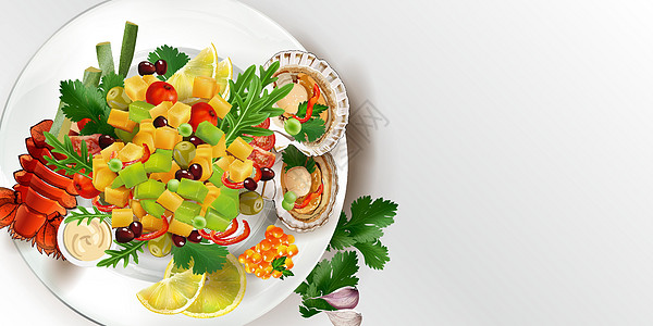 蔬菜沙拉加龙虾 扇贝和红鱼子酱种子饮食菠萝香菜食物营养石榴美食柠檬餐厅图片