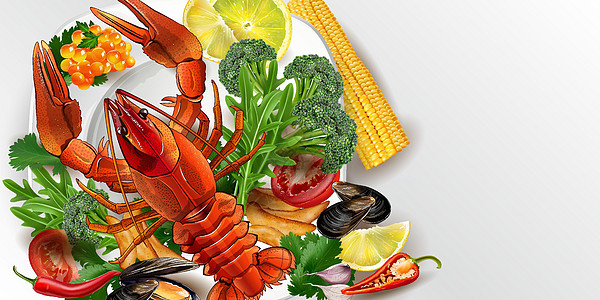 龙虾 贝类和带蔬菜的红鱼子酱服务菜单柠檬美食营养筹码厨房味道烹饪薯条图片