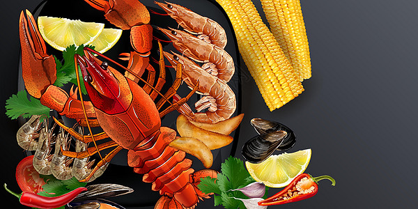 有龙虾 虾和玉米鳕的海鲜菜营养棒子厨房服务薯条胡椒饮食甲壳类玉米沙拉图片