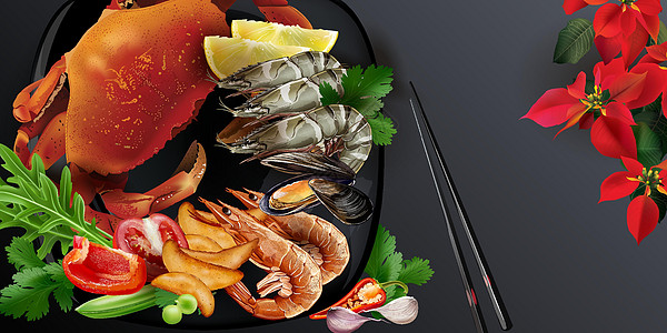 日本式海鲜菜 蟹肉和大虾香菜柠檬厨房美食餐厅胡椒广告盘子饮食国王图片