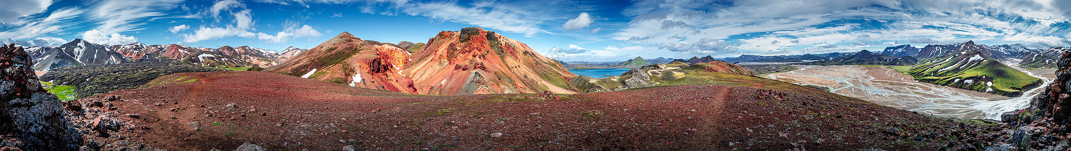 冰岛蓝天五颜六色的彩虹火山山脉 火山 熔岩场和露营地的 360 度全景景观戏剧性首脑旅行地热小路地质学冒险踪迹登山远足图片