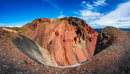 冰岛蓝天 夏季的五颜六色的彩虹火山山脉 红色和粉红色火山口和著名的远足小径的全景真正的冰岛景观岩石荒野小路踪迹旅行化学登山高地陨图片