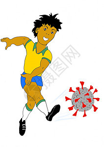 一名穿着巴西制服的男孩足球运动员踢了 covid-19 病毒图片