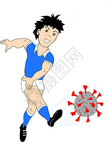一名穿着意大利制服的男孩足球运动员踢了 covid-19 病毒图片