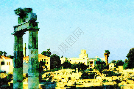 希腊多德卡尼斯群岛之一的古希腊城市的露天废墟图片