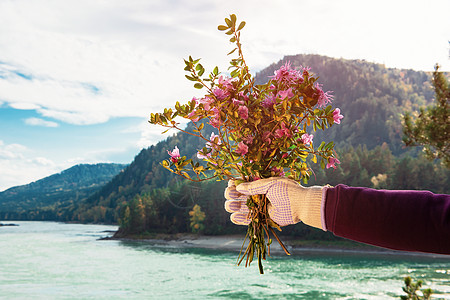 一只戴着手套的女人手里的野花包束于一朵鲜花中图片