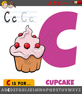 字母表中的字母 C 与卡通蛋糕食品对象图片