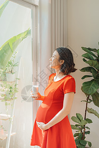 年轻亚洲孕妇站在窗户后面时拿着牛奶杯 她们戴着牛奶杯分娩腹部母性父母健康女性母亲女士牛奶怀孕图片