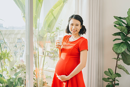 年轻亚洲孕妇站在窗户后面时拿着牛奶杯 她们戴着牛奶杯成人腹部母亲健康父母怀孕母性牛奶分娩女性喝高清图片素材