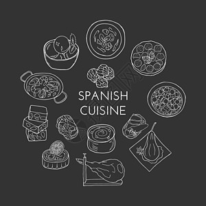 手绘传统西班牙菜肴和甜点套装 菜单咖啡馆 餐厅 面包店和包装的设计草图元素 黑色背景上的矢量图图片