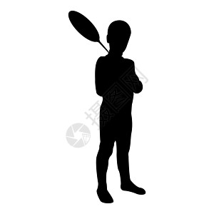 剪影男孩拿着羽毛球拍可爱的小孩子拿着站立的玩具毽子快乐概念青少年行动夏季运动活动营地概念孩子会玩得开心黑色矢量插图平面风格图像图片