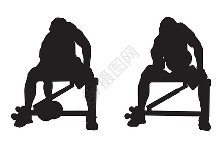 描绘男人坐在白色背景上孤立的长凳上做集中二头肌卷曲的剪影  EPS矢量图片