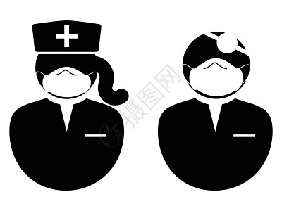 带面具图标的医生和护士 黑白插图象形文字图标描绘了戴着 PPE 面罩的医生和女护士  EPS矢量背景图片