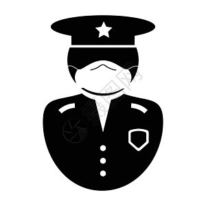 警察图标 黑白插图象形文字图标描绘了身穿制服的执法人员 戴着面罩帽和徽章 描绘 covid-19 期间安保人员的插图  EPS矢背景图片