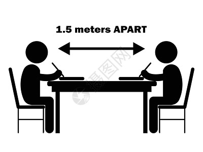 两个学生学习写字台 1 5m 米 分开 描绘 covid-19 大流行期间社会距离的插图 黑色和白色 Vecto背景图片